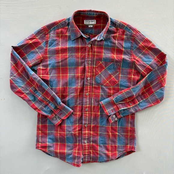 American Apparel Button Down Long Sleeve Red & Blue Plaid Cotton Unisex Shirt - Picture 1 of 7